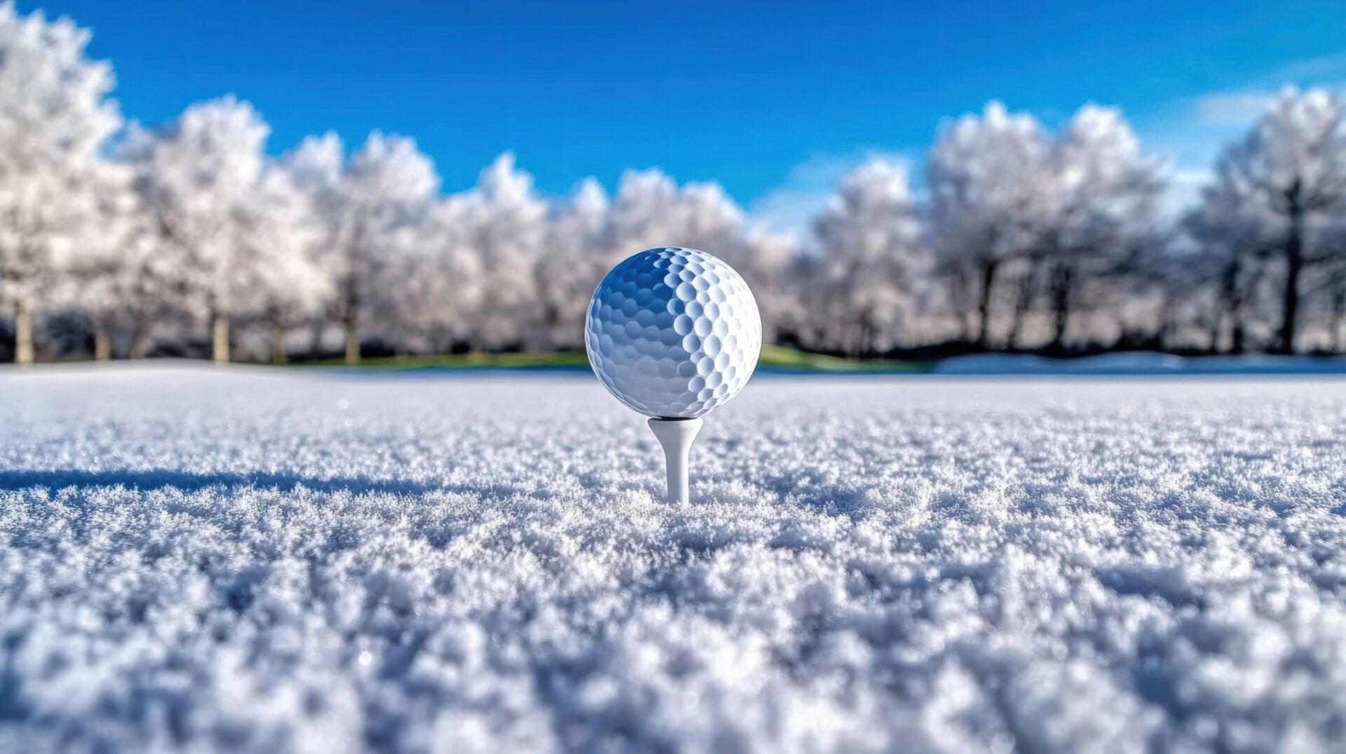A golf ball on a tee surrounded by pristine white snow and frosty scenery under a clear blue sky. Golf ball on tee in snowy landscape.