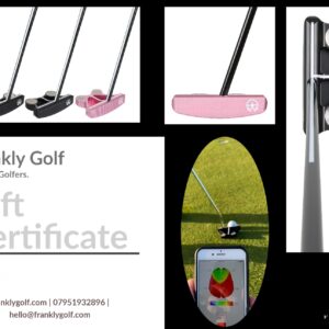 A collage of different golf clubs and a gift certificate.