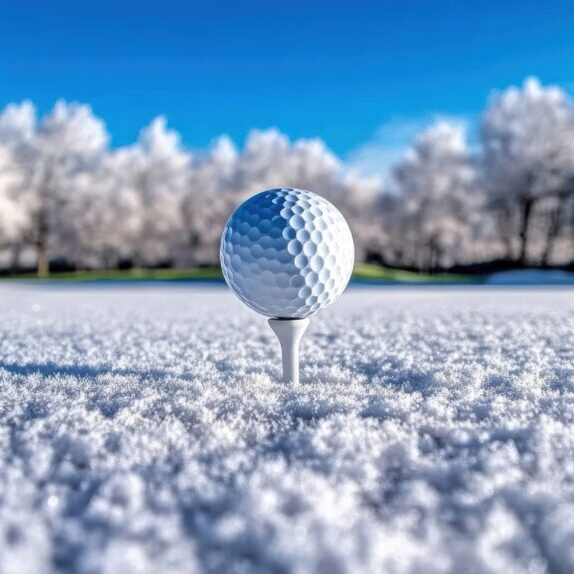 Golf ball on tee in snowy landscape.