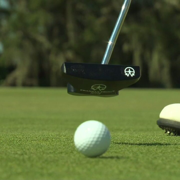 A golf ball is on the ground near a putter.