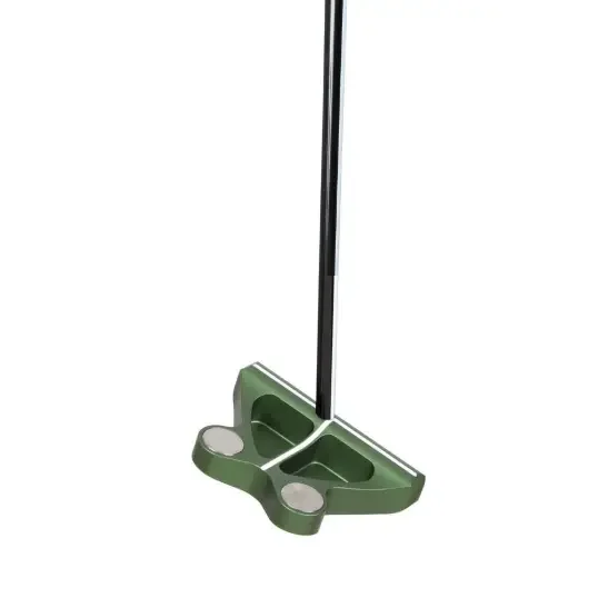 Green golf putter with magnetic weights.